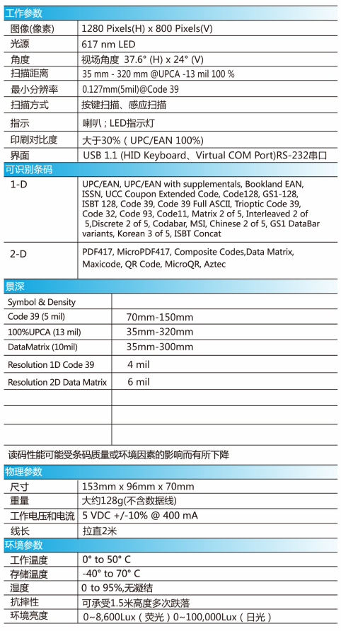 MX-3172S二维扫描枪详细参数图